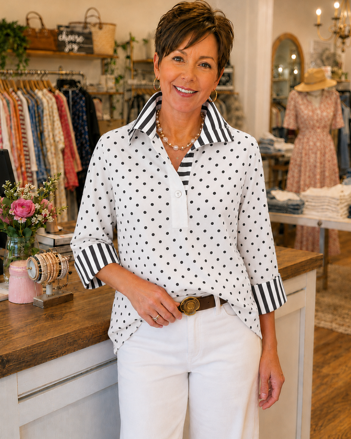 Elmira - Polka Dot Contrast-Stripe Blouse