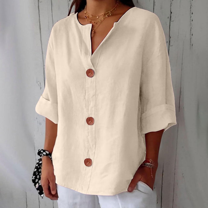 Maira – Cotton-Linen V-Neck Shirt with Wooden Buttons