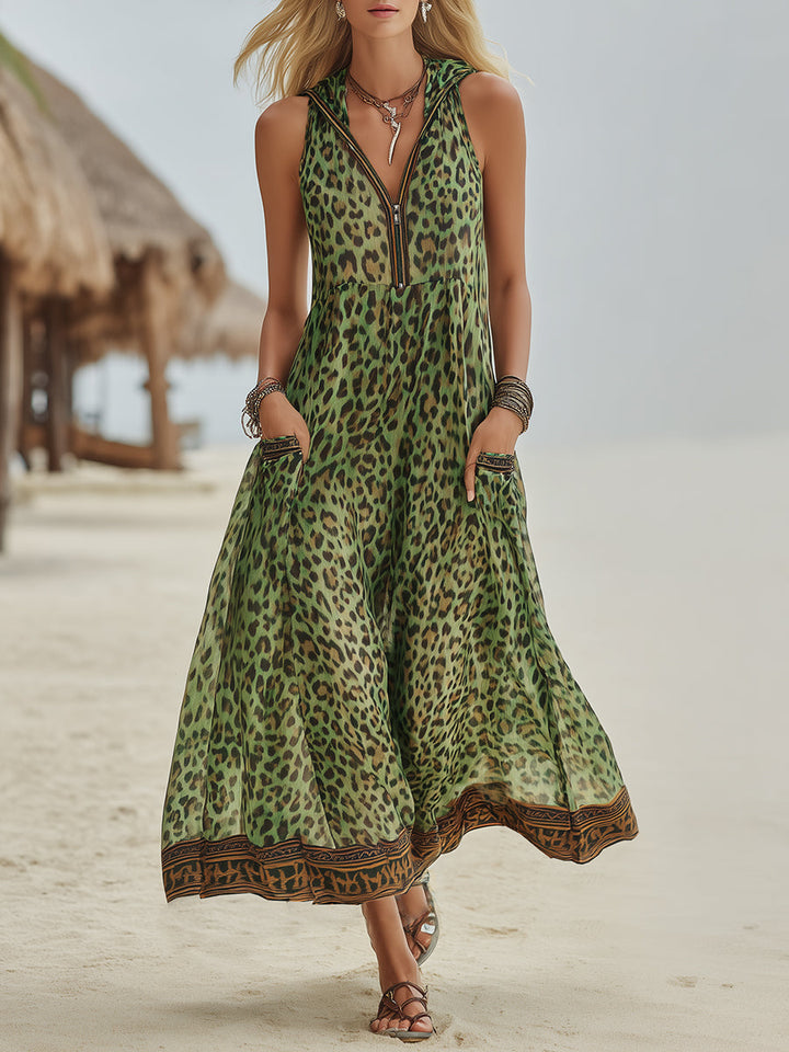Polly - Green Leopard Print Hooded Midi Dress