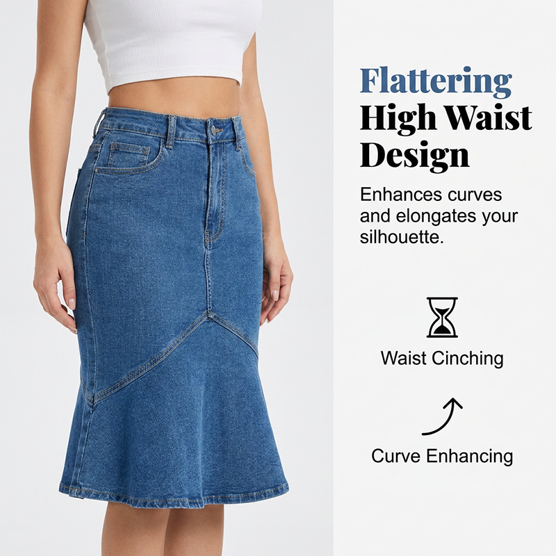 Sia - High Waist Denim Midi Skirt